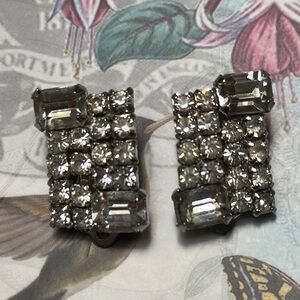 Vintage Rhinestone Rectangular Clip-On Earrings - 7/8” x 5/8”
